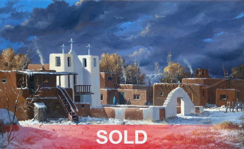 Joni Falk Sunlit Mission At Taos Taos Pueblo architecture New Mexico snow western oil painting sold