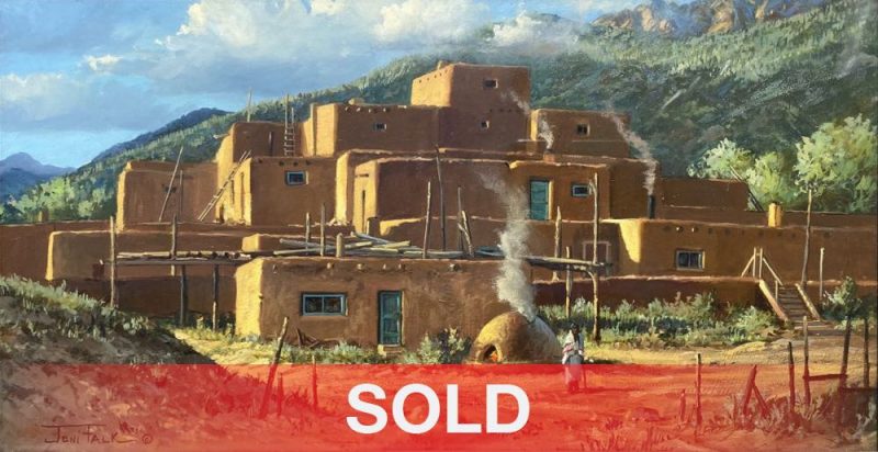 Joni Falk Taos Pueblo pueblo fire Native American Indian architecture Santa Fe New Mexico landscape oil painting sold