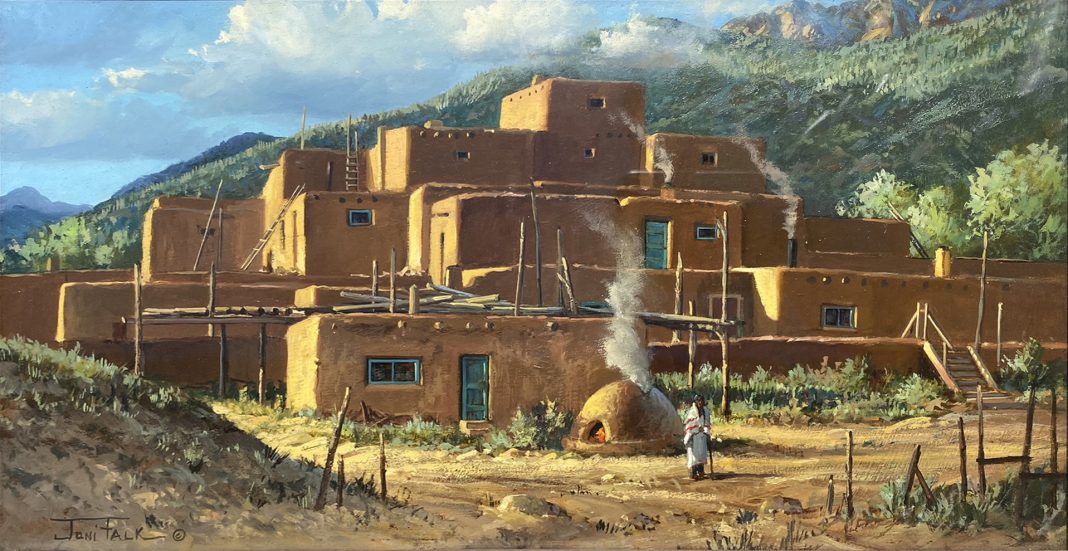 Joni Falk Taos Pueblo pueblo fire Native American Indian architecture Santa Fe New Mexico landscape oil painting