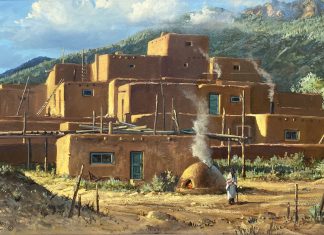 Joni Falk Taos Pueblo pueblo fire Native American Indian architecture Santa Fe New Mexico landscape oil painting