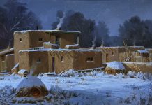 Joni Falk Taos Twilight Taos Pueblo horno oven furnace kiln snow winter western oil painting