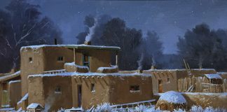 Joni Falk Taos Twilight Taos Pueblo horno oven furnace kiln snow winter western oil painting