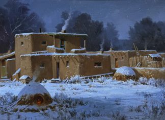 Joni Falk Taos Twilight Taos Pueblo horno oven furnace kiln snow winter western oil painting