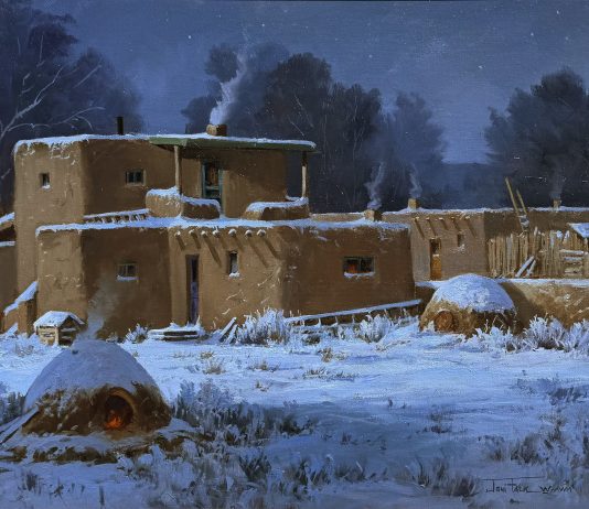 Joni Falk Taos Twilight Taos Pueblo horno oven furnace kiln snow winter western oil painting