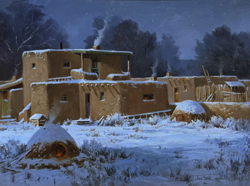 Joni Falk Taos Twilight Taos Pueblo horno oven furnace kiln snow winter western oil painting