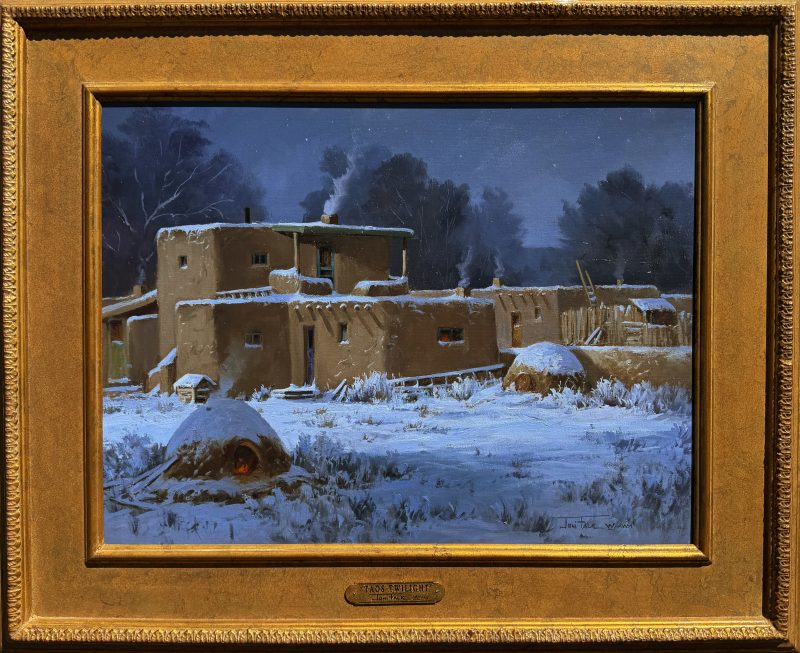 Joni Falk Taos Twilight Taos Pueblo horno oven furnace kiln snow winter western oil painting framed