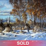Joni Falk Winter Shelter tee pee tipi Native American Indian encampment camp snow stream trees western oil painting sold