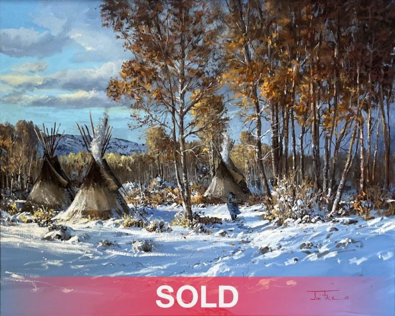 Joni Falk Winter Shelter tee pee tipi Native American Indian encampment camp snow stream trees western oil painting sold