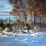 Joni Falk Winter Shelter tee pee tipi Native American Indian encampment camp snow stream trees western oil painting