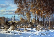 Joni Falk Winter Shelter tee pee tipi Native American Indian encampment camp snow stream trees western oil painting