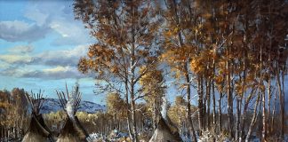 Joni Falk Winter Shelter tee pee tipi Native American Indian encampment camp snow stream trees western oil painting