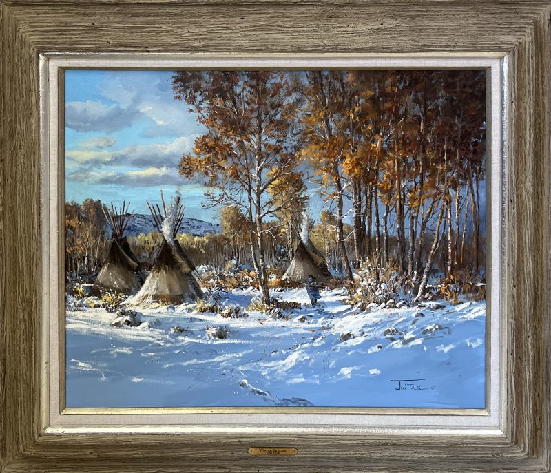 Joni Falk Winter Shelter tee pee tipi Native American Indian encampment camp snow stream trees western oil painting framed
