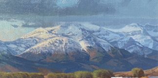 Michael Albrechtsen Timing snow landscape hay bales western oil painting