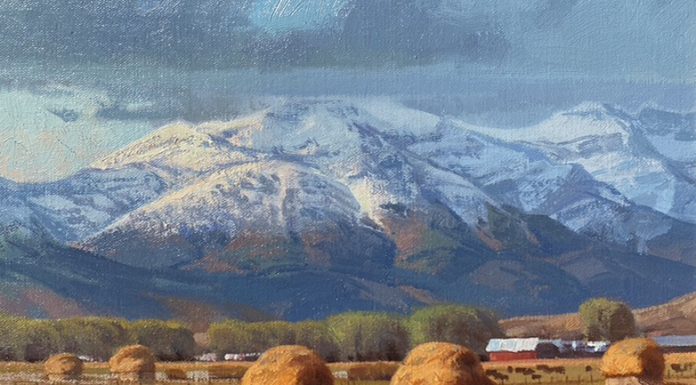 Michael Albrechtsen Michael Albrechtsen Timing snow landscape hay bales western oil painting