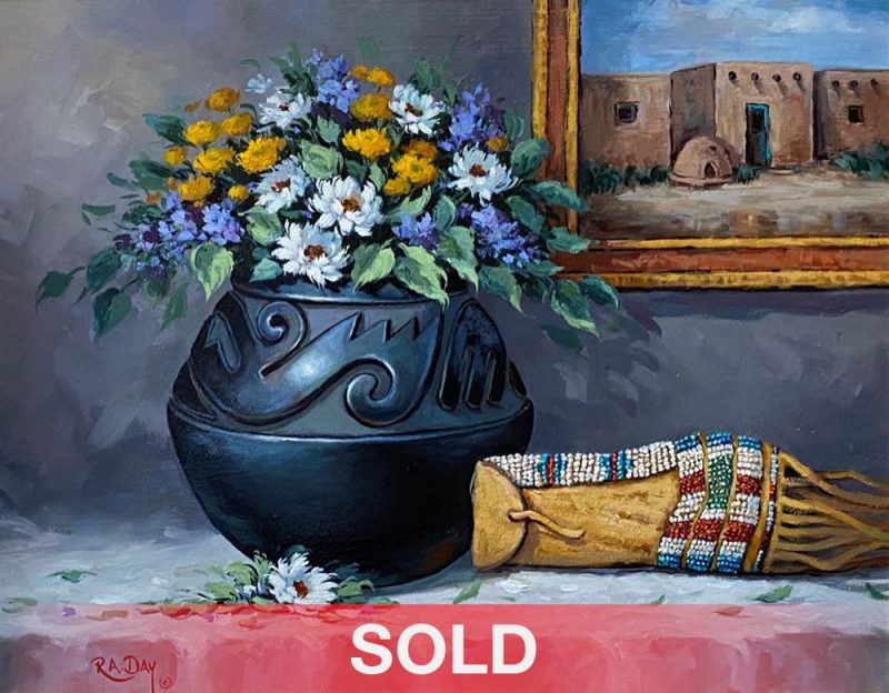 Rose Ann Day Ancestral Abundance Santa Clara pot Native American pottery beaded bag wester still life oil painting sold