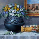 Rose Ann Day Ancestral Abundance Santa Clara pot Native American pottery beaded bag wester still life oil painting