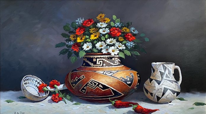 Rose Ann Day Bountiful Beauty Native American stillife still life flower floral daisy daisies chili pottery western oil painting