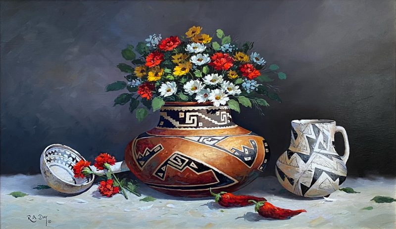 Rose Ann Day Bountiful Beauty Native American stillife still life flower floral daisy daisies chili pottery western oil painting