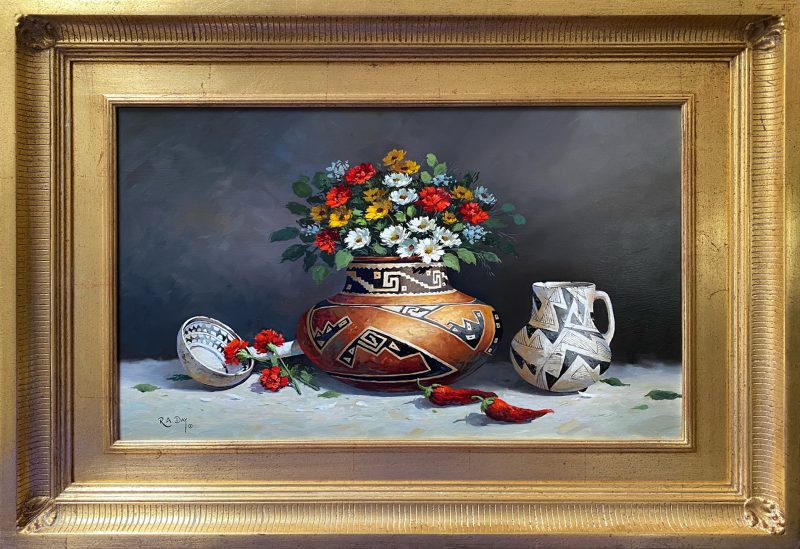 Rose Ann Day Bountiful Beauty Native American stillife still life flower floral daisy daisies chili pottery western oil painting framed