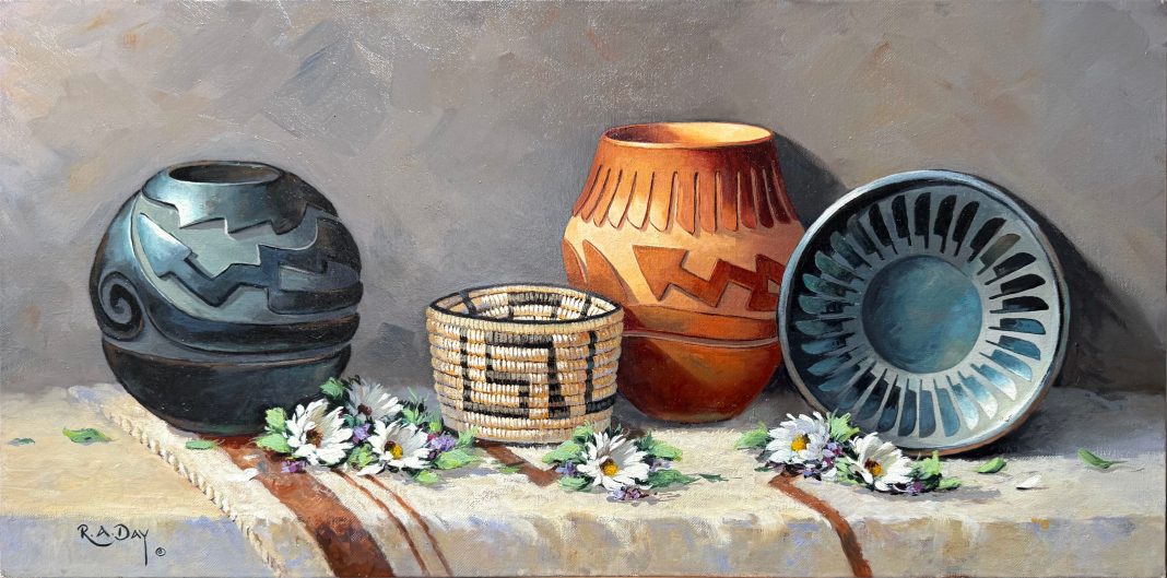 Rose Ann Day Delicate Beauty Native American Indian pottery basket relics flowers floral still life western oil painting
