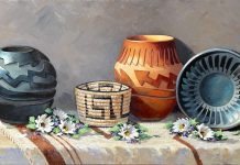 Rose Ann Day Delicate Beauty Native American Indian pottery basket relics flowers floral still life western oil painting