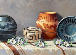 Rose Ann Day Delicate Beauty Native American Indian pottery basket relics flowers floral still life western oil painting
