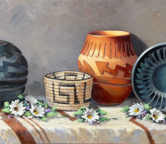 Rose Ann Day Delicate Beauty Native American Indian pottery basket relics flowers floral still life western oil painting