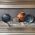 Rose Ann Day Delicate Beauty Native American Indian pottery basket relics flowers floral still life western oil painting framed