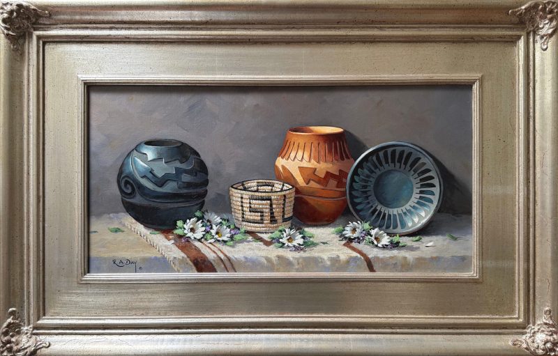 Rose Ann Day Delicate Beauty Native American Indian pottery basket relics flowers floral still life western oil painting framed