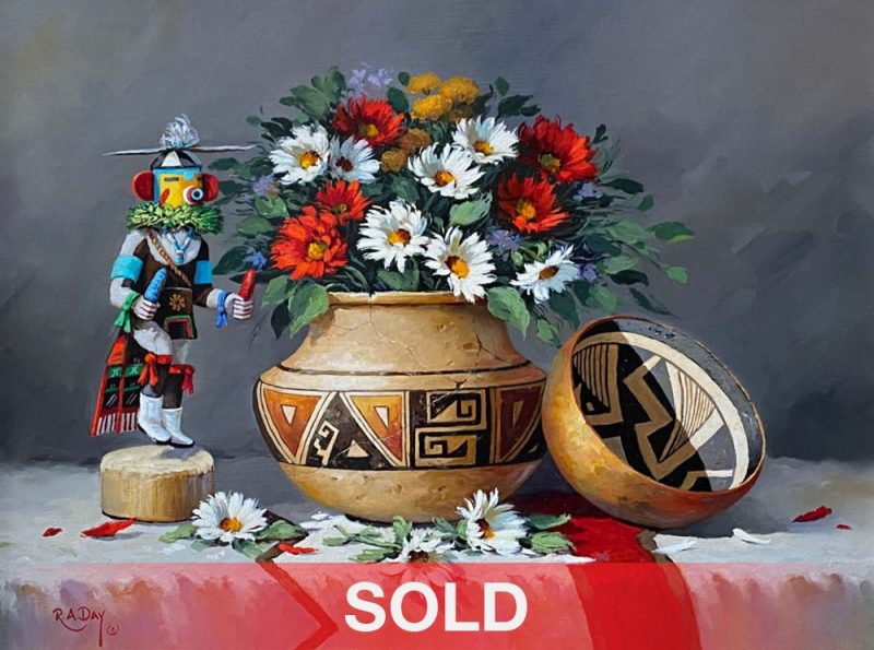 Rose Ann Day Native Treasures still life painting Native American pottery Papago basket oil painting sold