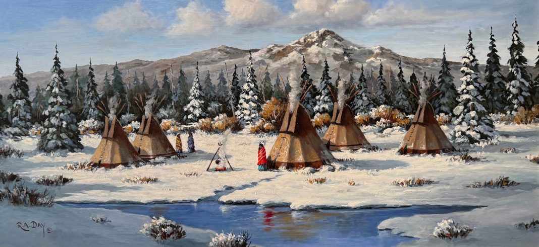 Rose Ann Day Place Of Contentment Native American Indian tee pee tipi encampment western oil painting