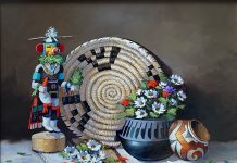Rose Ann Day Bountiful Beauty Native American stillife still life flower floral daisy daisies chili pottery kachina basket rug western oil painting