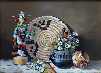Rose Ann Day Bountiful Beauty Native American stillife still life flower floral daisy daisies chili pottery kachina basket rug western oil painting