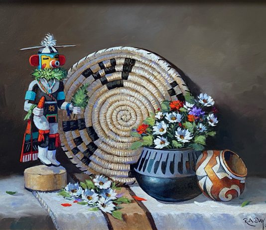 Rose Ann Day Bountiful Beauty Native American stillife still life flower floral daisy daisies chili pottery kachina basket rug western oil painting