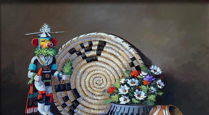 Rose Ann Day Bountiful Beauty Native American stillife still life flower floral daisy daisies chili pottery kachina basket rug western oil painting