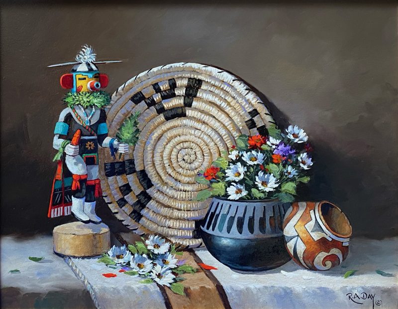 Rose Ann Day Bountiful Beauty Native American stillife still life flower floral daisy daisies chili pottery kachina basket rug western oil painting