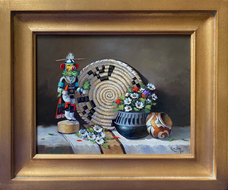 Rose Ann Day Bountiful Beauty Native American stillife still life flower floral daisy daisies chili pottery kachina basket rug western oil painting framed