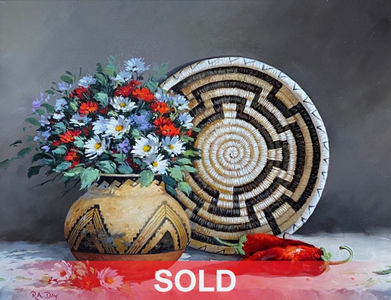 Rose Ann Day Southwest Accents kachina Native American pottery still life oil painting sold