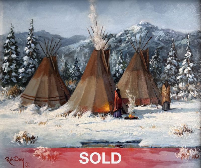 Rose Ann Day Winter Reflections Native American Indian tee pee tipi encampment western oil painting