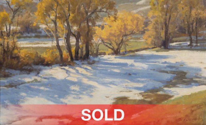 Clyde Aspevig "Blue Shadows" snow trees western landscape oil painting sold