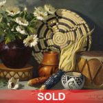 Joni Falk - "Silent Relics" still life Native American pottery basket flowers corn drum sold