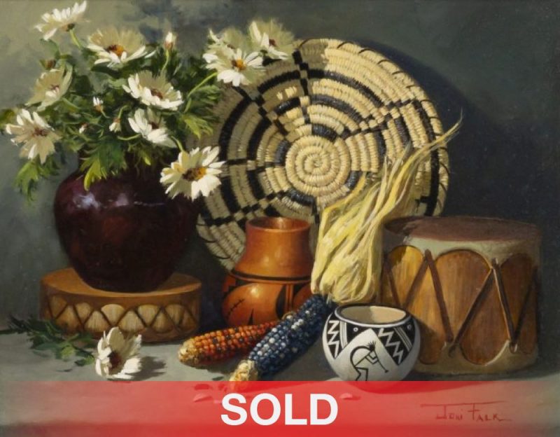 Joni Falk - "Silent Relics" still life Native American pottery basket flowers corn drum sold