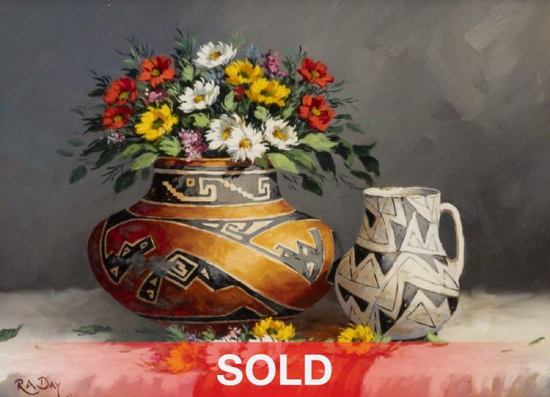 Rose Ann Day Native Designs Native American pottery flowers still life oil painting