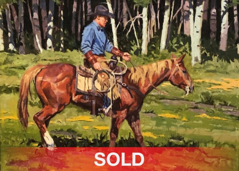 Dean St. Clair Drawin' Summer Wages cowboy horse equine forest aspen western oil painting