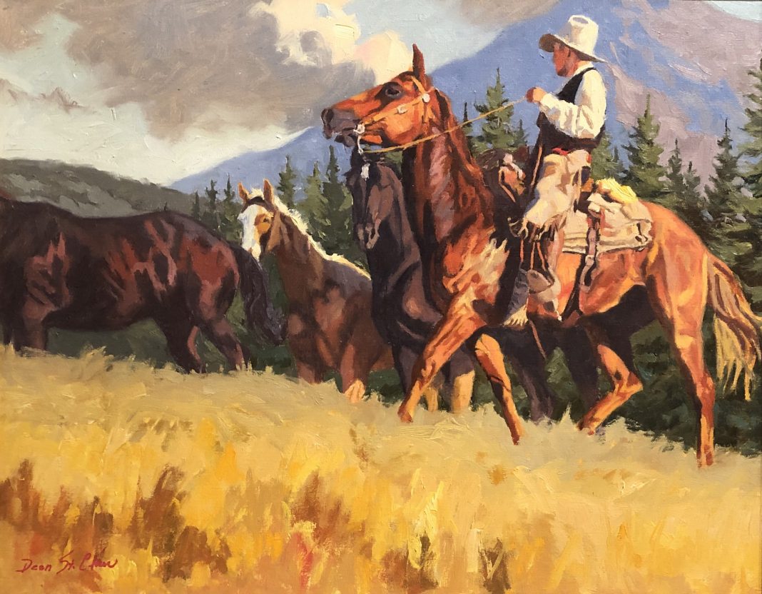 Dean St. Clair Mountain Meadows cowboy horse mountains pine tree western oil painting