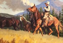Dean St. Clair Mountain Meadows cowboy horse mountains pine tree western oil painting