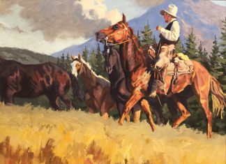 Dean St. Clair Mountain Meadows cowboy horse mountains pine tree western oil painting
