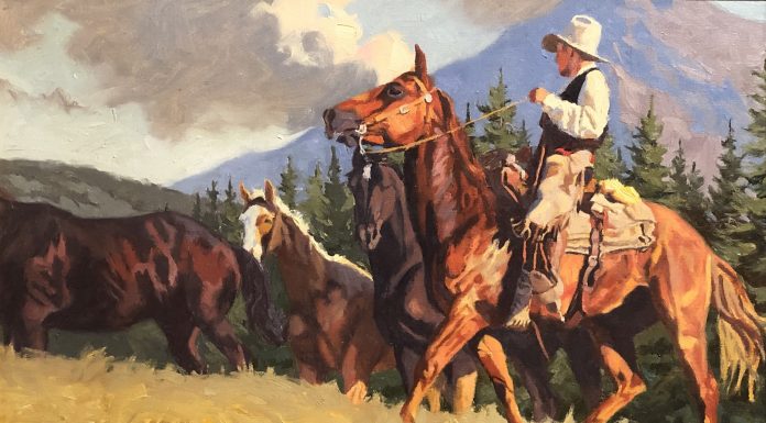 Dean St. Clair Mountain Meadows cowboy horse mountains pine tree western oil painting