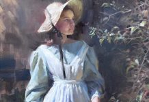Morgan Weistling Basket Of Sunshine country girl period clothing rural farm ranch woman girl female figure figurative western oil painting fruit basket