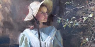 Morgan Weistling Basket Of Sunshine country girl period clothing rural farm ranch woman girl female figure figurative western oil painting fruit basket